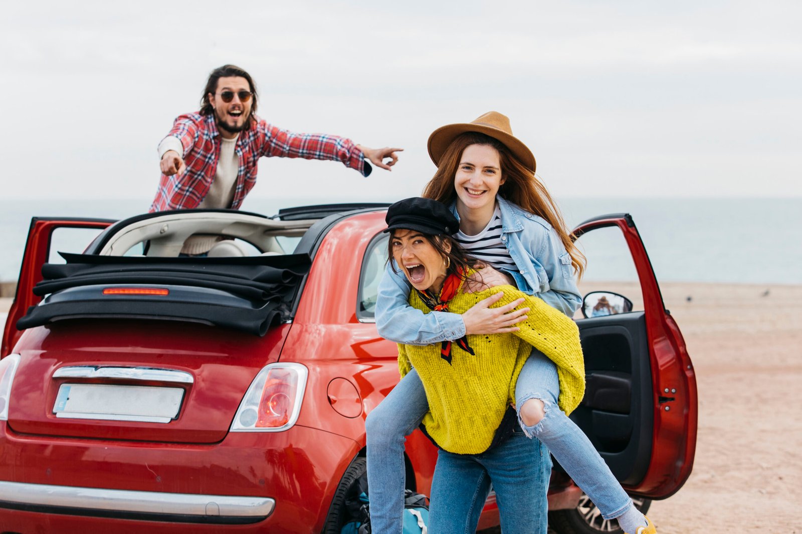 woman-holding-back-happy-lady-near-man-leaning-out-from-car